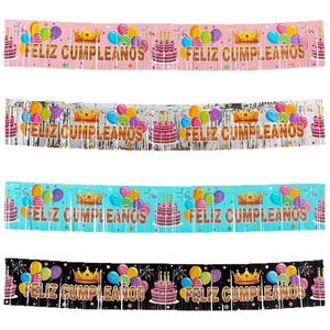 Spanish Feliz Cumpleaños fringe banners in pink, silver, blue, and black for parties