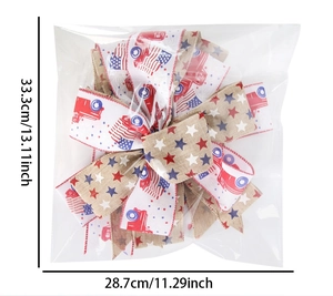 Detailed view of patriotic burlap bow for Independence Day decoration with size markings