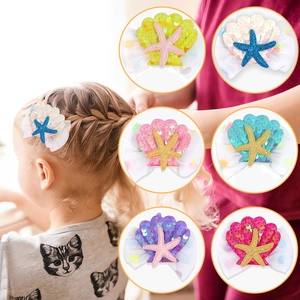 Glitter seashell and starfish hair clips for girls in six vibrant assorted colors