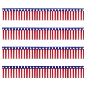 Set of 4 patriotic red white and blue foil fringe banners for USA Independence Day decor