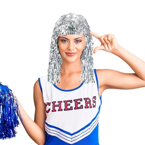Three-piece cheerleader set with silver tinsel wig, blue pom poms, and Cheers vest