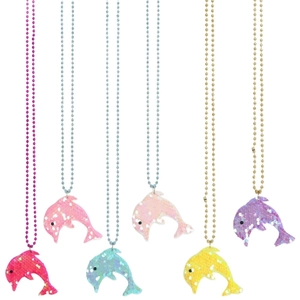 Set bunte Delfin-Pailletten-Anhängerhalsketten für Meeresmotto-Kindergeburtstage