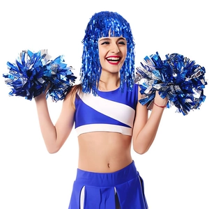 Blue metallic tinsel wig and matching pom poms set for cheerleader party decoration