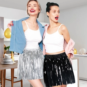 Metallic shiny fringe skirt in silver and black for party decor and dance costumes