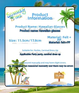 Detailed size specifications for Hawaiian felt party glasses in summer island theme
