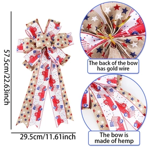 Independence Day burlap bow with star stripes and red truck design, 57.5x29.5cm decor