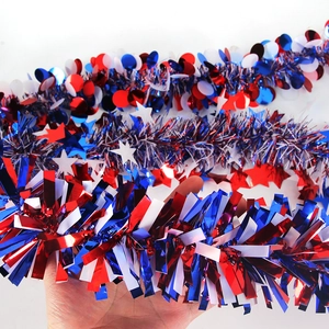 Independence Day red white and blue tinsel garland with stars for party decorations