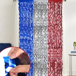 Blue silver red wavy foil fringe curtain party backdrop with self-adhesive strip