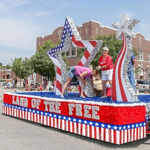 6M USA Independence Day banner with red white blue tassels and Land of the Free text