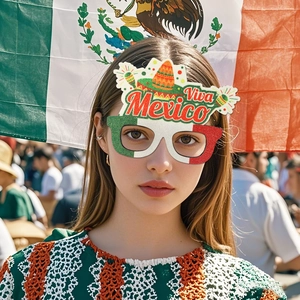 Woman wearing Viva Mexico party glasses with sombrero and maracas for Cinco de Mayo festival