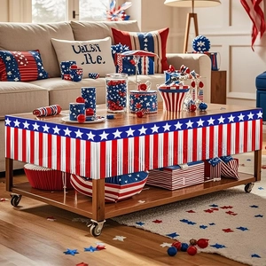 6m Independence Day patriotic table skirt with red white and blue fringe for party decor