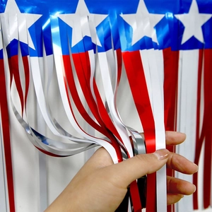 Patriotic July 4th American flag themed metallic foil fringe curtain with stars and stripes