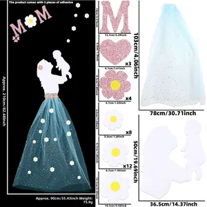 Detail view of Mother's Day wall decal kit with blue mesh skirt and pink MOM sequins