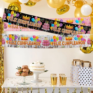 Spanish Feliz Cumpleaños birthday banners with cake and balloon party decorations
