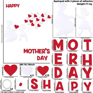 Detailed view of Mother's Day felt wall decoration set with size specs and red heart accents