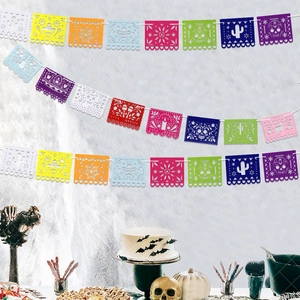 Mexican Style Papel Picado Banner Multicolor Hollowed Out Skull Cactus Pattern Garland For Cinco De Mayo Day Of The Dead Festival Party Decorations
