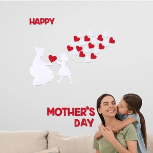 Felt wall decals with mother-daughter silhouettes and red hearts for Mother's Day decor