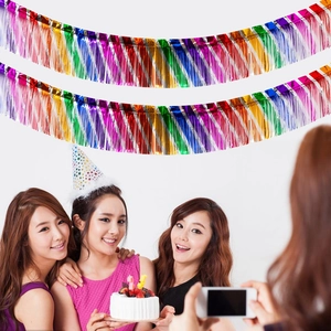 Set of two rainbow laser foil fringe curtains for birthday party wall backdrop decoration