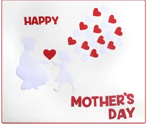 Detail of Happy Mother's Day felt stickers with mother-daughter silhouette and red hearts
