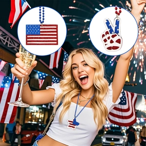 Glittery USA Independence Day necklaces featuring flag, star, and peace sign pendants