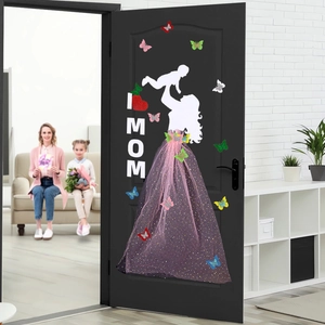 Mother's Day door decoration set with I Love Mom text and purple tulle dress wall stickers