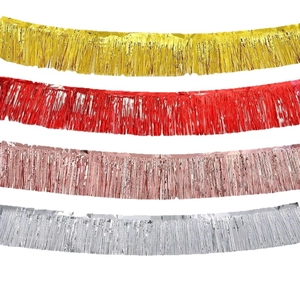 Metallic macaron gradient foil fringe curtains in gold, red, rose gold and silver colors