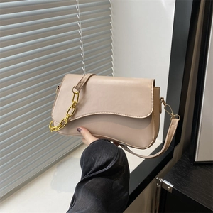 Minimalist beige PU leather shoulder bag with decorative gold chain and slim strap
