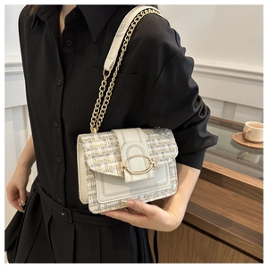 Close-up of cream tweed crossbody bag with gold chain and metal clasp on a model