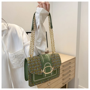 Detail of tweed crossbody bag with green leather trim and gold oval metal buckle