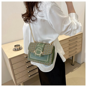 Detail of green woven texture and gold chain strap on stylish crossbody bag