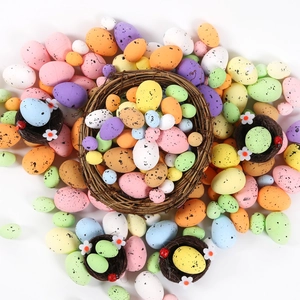 Colorful speckled Easter foam eggs with miniature bird nests for DIY festive party decor