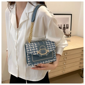 Detail of blue and white tweed bag with golden oval clasp and elegant chain strap