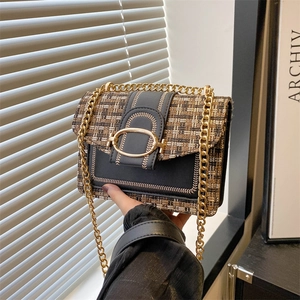 Fashionable tweed small square crossbody bag with chain strap and gold buckle detail