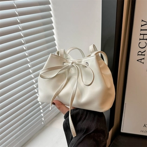 Women's PU Leather Bucket Bag Drawstring Bow Korean Style Shoulder Bag Silver Pink Black White Blue Daily Casual Handbag