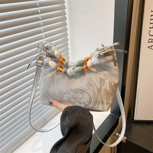 Women Fashion Marble Pattern Tote Bag Simple Cloud Pleated Shoulder Bag Multicolor Acrylic Beaded Handle Crossbody Handbag