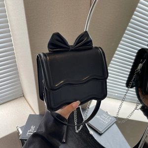 Fashion Women PU Leather Bowtie Shoulder Bag Small Square Crossbody Bag With Wave Edge Design Chain Handbag For Daily Matching