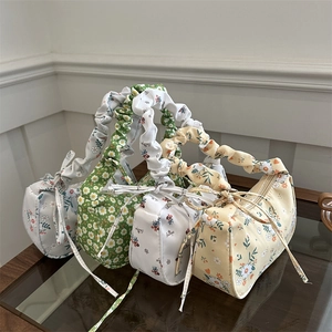 Women Floral Print Underarm Bag Summer Sweet Pleated Shoulder Strap Handbag With Bow Decorative Commuting Daily Fashion Bag
