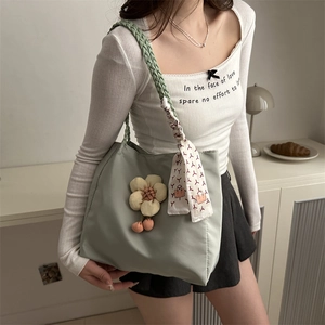 Light green large capacity nylon tote bag with floral pendant and silk scarf