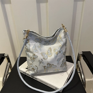 Women Fashion Embroidered Bucket Bag Large Capacity Jacquard Butterfly Bamboo Leaf Pattern Shoulder Crossbody Bag