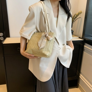 Straw tote bag for women with decorative heart silk scarf and thick cotton rope handles