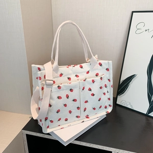 Large capacity off-white corduroy tote bag with strawberry print and shoulder strap