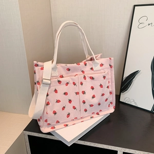 Strawberry Print Canvas Tote Bag Large Capacity Shoulder Bag For Women School Commute Handbag With Adjustable Strap