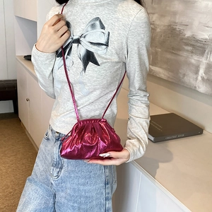 Metallic magenta pleated cloud crossbody bag with slim shoulder strap for women
