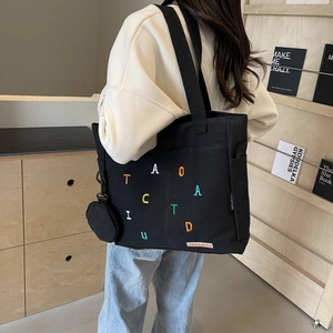 Large capacity black canvas tote bag with embroidered letters and small round coin purse