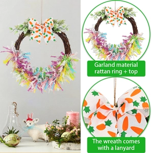 Easter rabbit rattan wreath with pastel bunny tassels and carrot print bow decoration