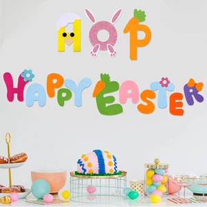 Colorful Happy Easter and HOP felt wall stickers with bunny and carrot party decorations
