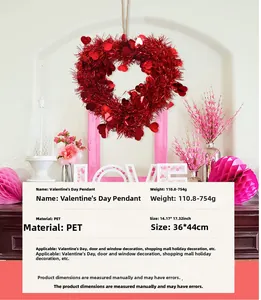 Detail of red PET heart wreath with tinsel finish and sequins for Valentine's Day decor