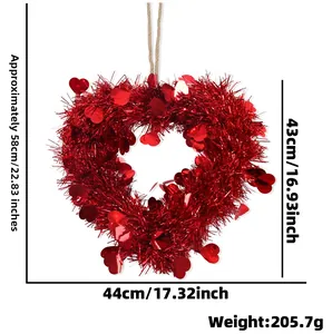 Detailed size chart showing 44cm width and 43cm height of the red heart tinsel wreath decor