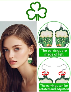Dettaglio macro degli orecchini a boccale di birra in feltro verde per San Patrizio