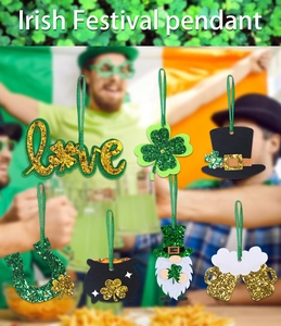 7-piece St. Patrick's Day felt pendants featuring green shamrocks and glitter gnomes